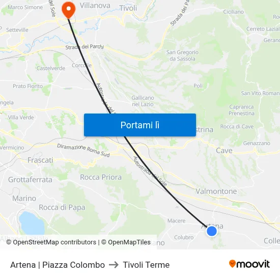 Artena | Piazza Colombo to Tivoli Terme map
