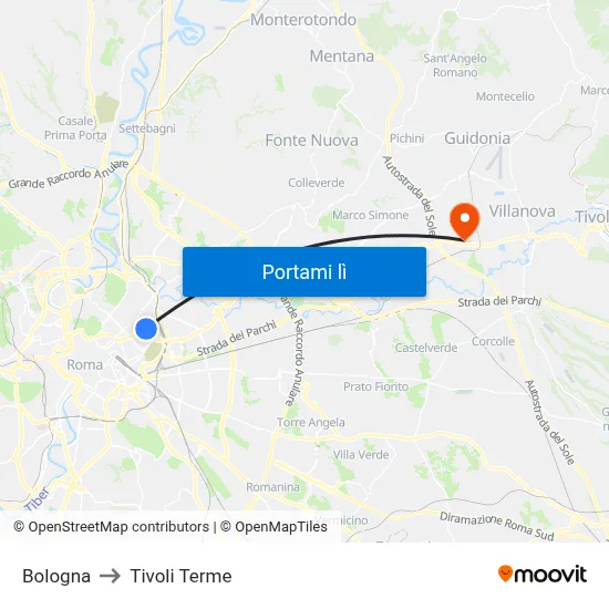Bologna to Tivoli Terme map