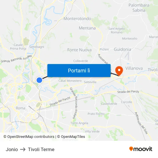 Jonio to Tivoli Terme map