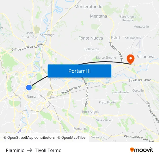 Flaminio to Tivoli Terme map