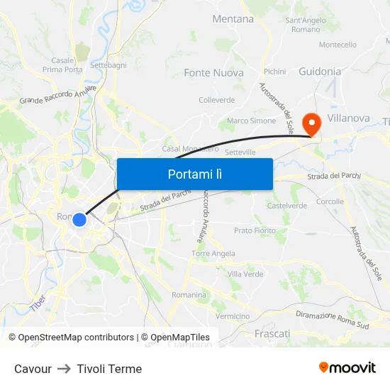 Cavour to Tivoli Terme map