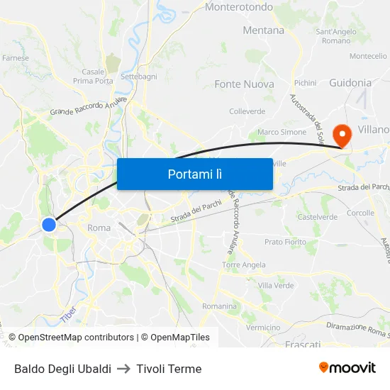 Baldo Degli Ubaldi to Tivoli Terme map