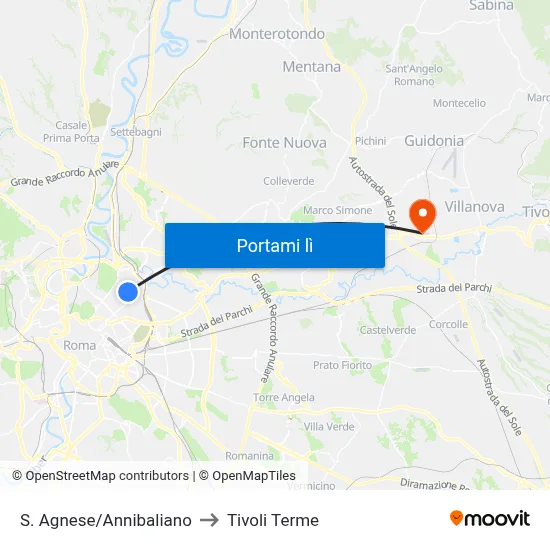 S. Agnese/Annibaliano to Tivoli Terme map