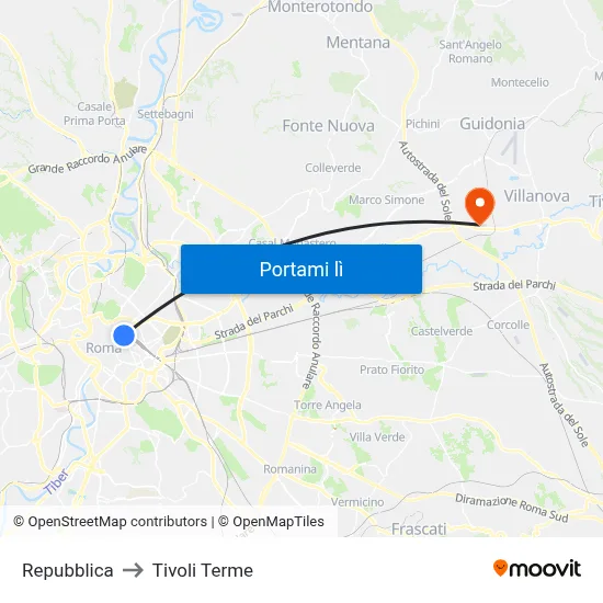 Repubblica to Tivoli Terme map