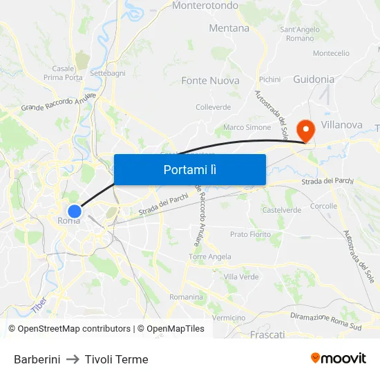 Barberini to Tivoli Terme map