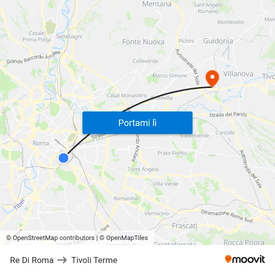 Re Di Roma to Tivoli Terme map