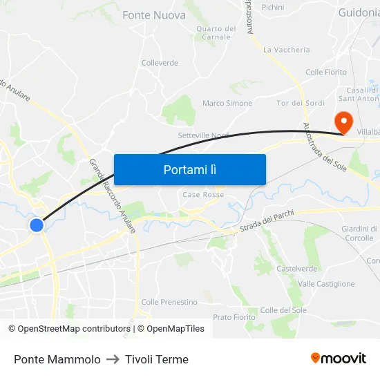 Ponte Mammolo to Tivoli Terme map