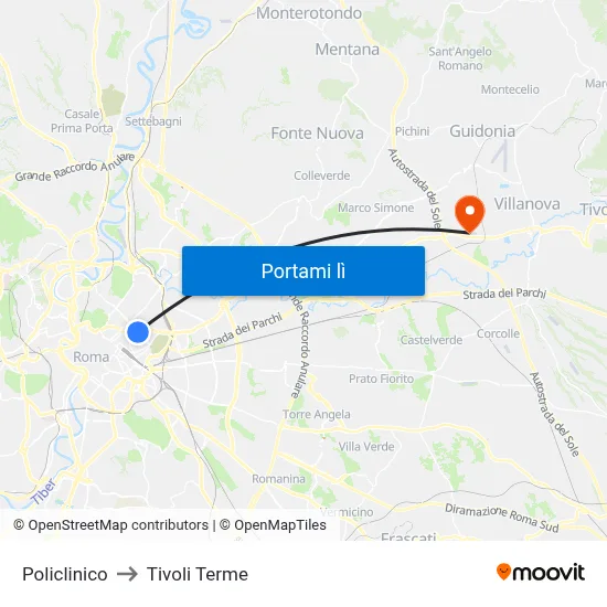 Policlinico to Tivoli Terme map