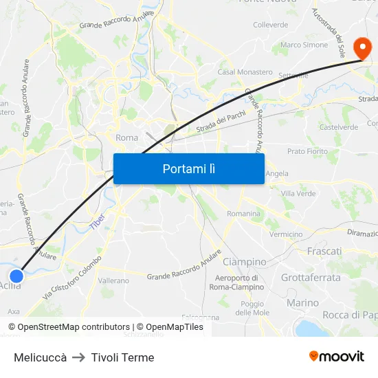 Melicuccà to Tivoli Terme map