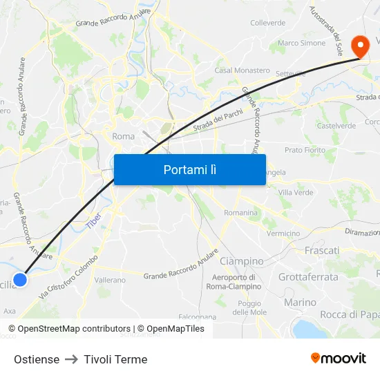 Ostiense to Tivoli Terme map