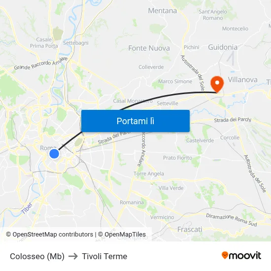 Colosseo (Mb) to Tivoli Terme map