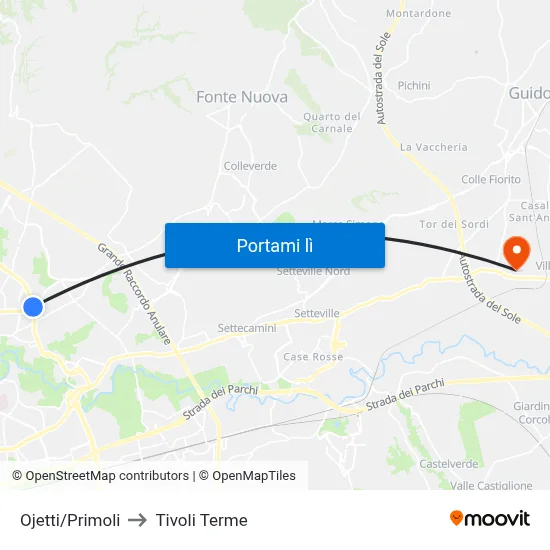 Ojetti/Primoli to Tivoli Terme map