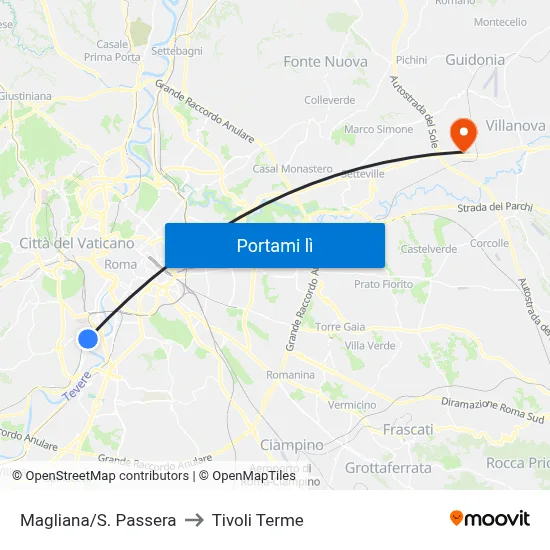 Magliana/S. Passera to Tivoli Terme map