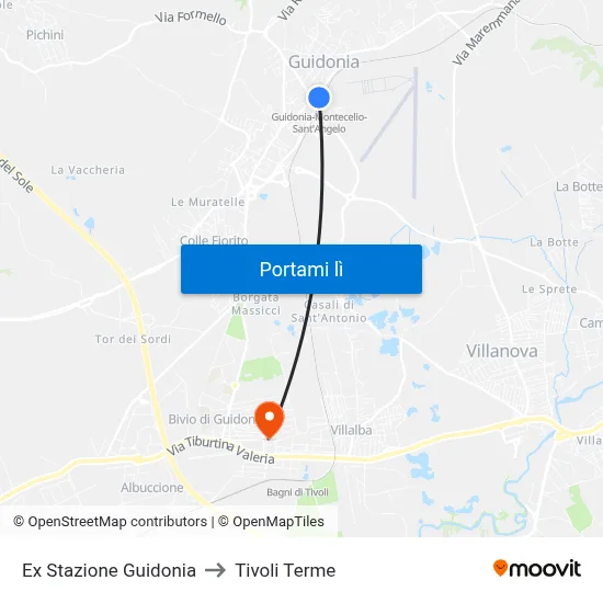 Ex Stazione Guidonia to Tivoli Terme map
