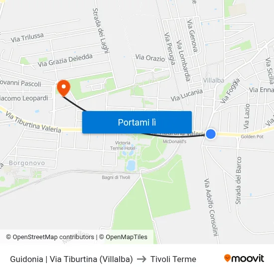 Guidonia | Via Tiburtina (Villalba) to Tivoli Terme map