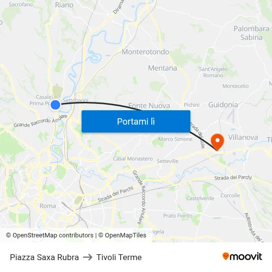 Piazza Saxa Rubra to Tivoli Terme map