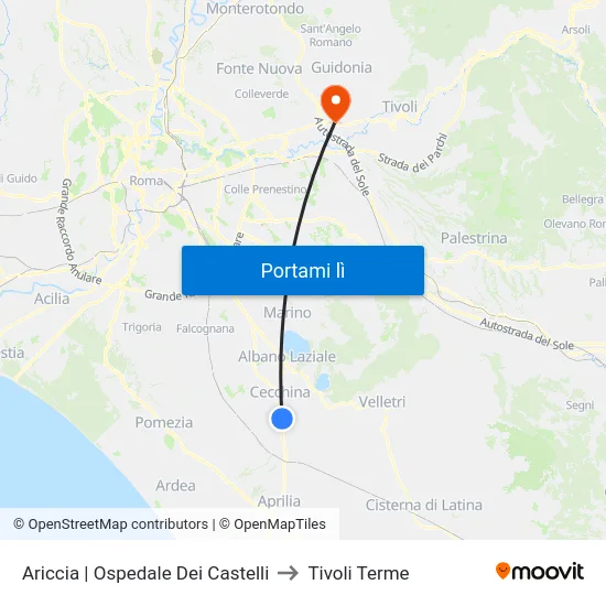 Ariccia | Ospedale Dei Castelli to Tivoli Terme map