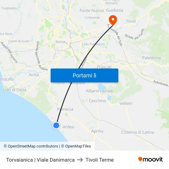 Torvaianica | Viale Danimarca to Tivoli Terme map