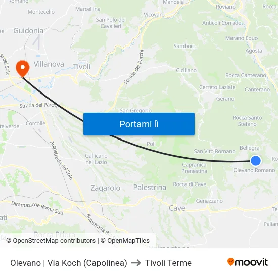 Olevano | Via Koch (Capolinea) to Tivoli Terme map