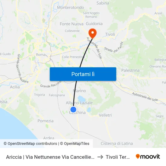Ariccia | Via Nettunense Via Cancelliera to Tivoli Terme map