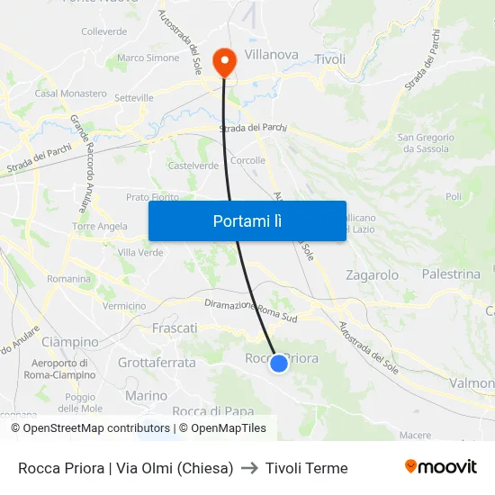 Rocca Priora | Via Olmi (Chiesa) to Tivoli Terme map