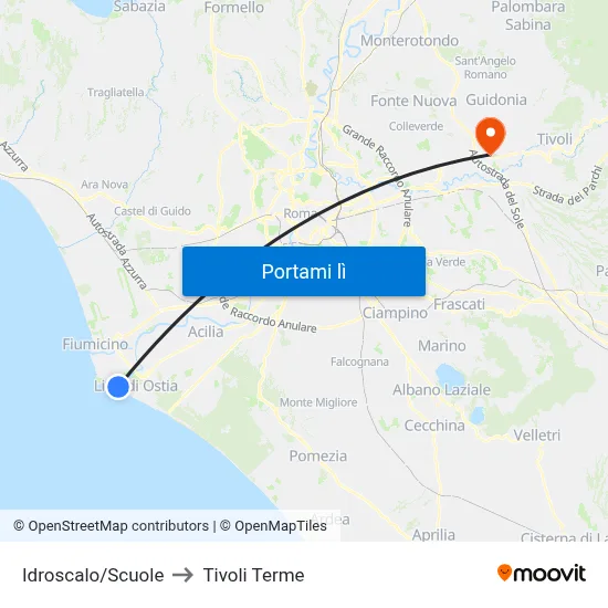 Idroscalo/Scuole to Tivoli Terme map