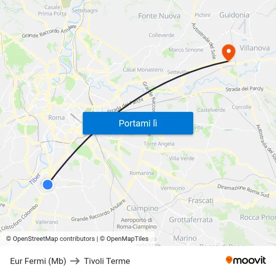 Eur Fermi (Mb) to Tivoli Terme map