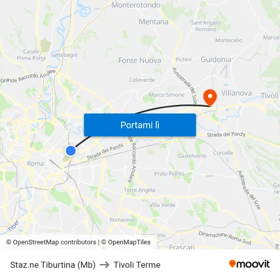 Staz.ne Tiburtina (Mb) to Tivoli Terme map