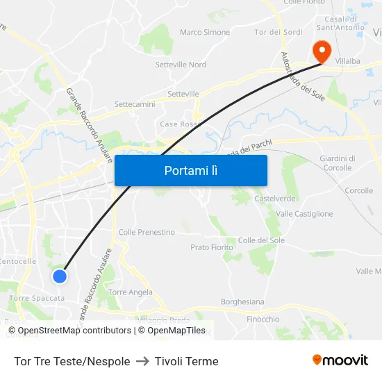 Tor Tre Teste/Nespole to Tivoli Terme map
