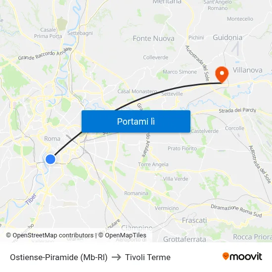 Ostiense-Piramide (Mb-Rl) to Tivoli Terme map