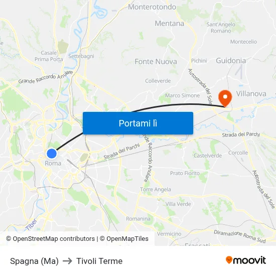 Spagna (Ma) to Tivoli Terme map