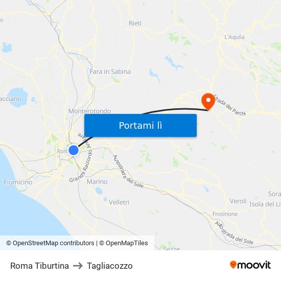 Roma Tiburtina to Tagliacozzo map