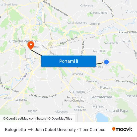 Bolognetta to John Cabot University - Tiber Campus map