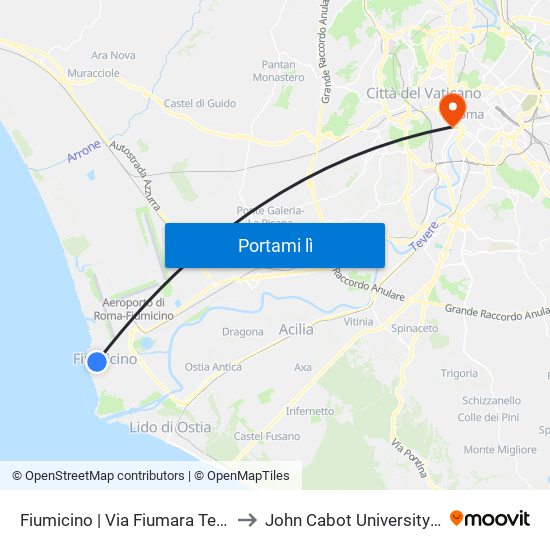 Fiumicino | Via Fiumara Tempio Della Fortuna to John Cabot University - Tiber Campus map