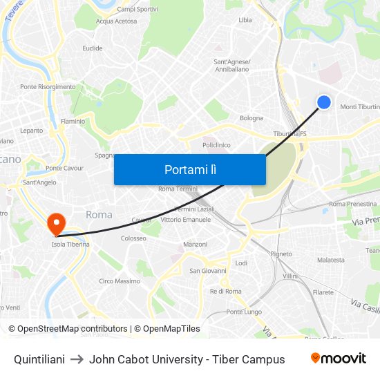 Quintiliani to John Cabot University - Tiber Campus map