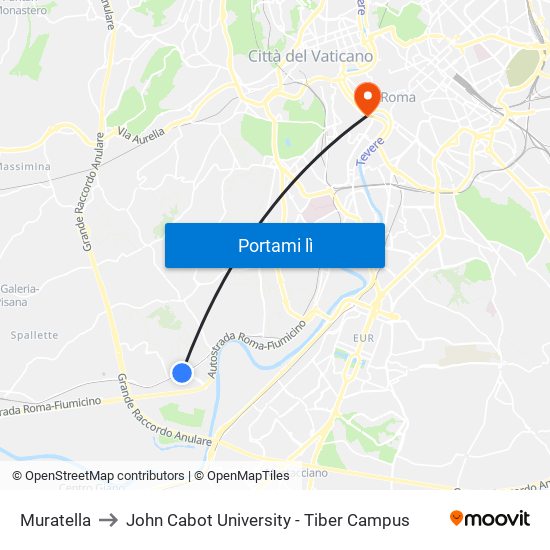 Muratella to John Cabot University - Tiber Campus map