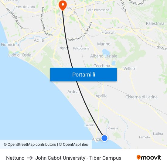 Nettuno to John Cabot University - Tiber Campus map