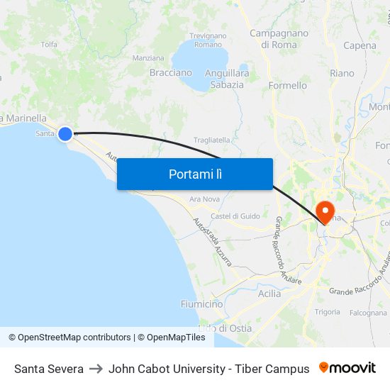 Santa Severa to John Cabot University - Tiber Campus map