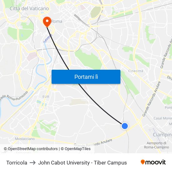 Torricola to John Cabot University - Tiber Campus map
