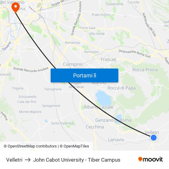 Velletri to John Cabot University - Tiber Campus map