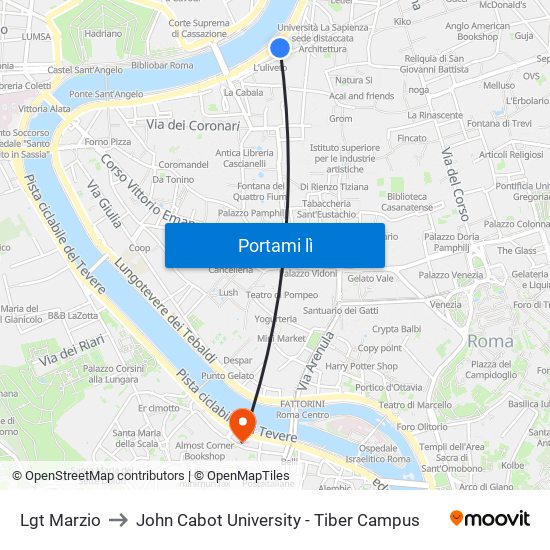 Lgt Marzio to John Cabot University - Tiber Campus map