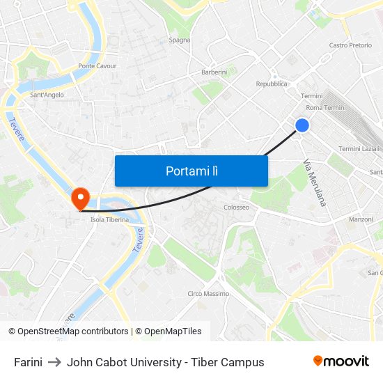 Farini to John Cabot University - Tiber Campus map