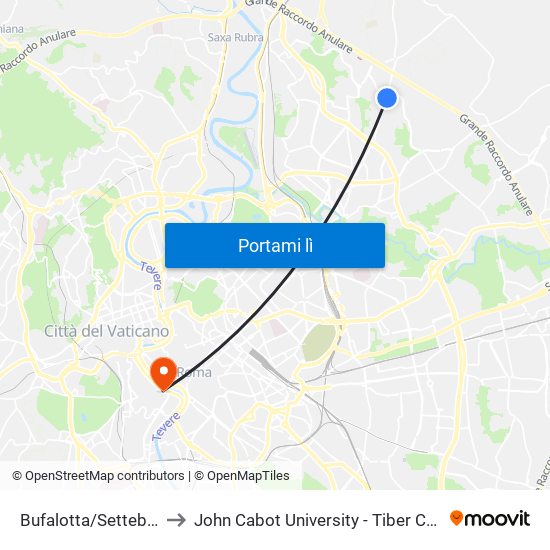 Bufalotta/Settebagni to John Cabot University - Tiber Campus map