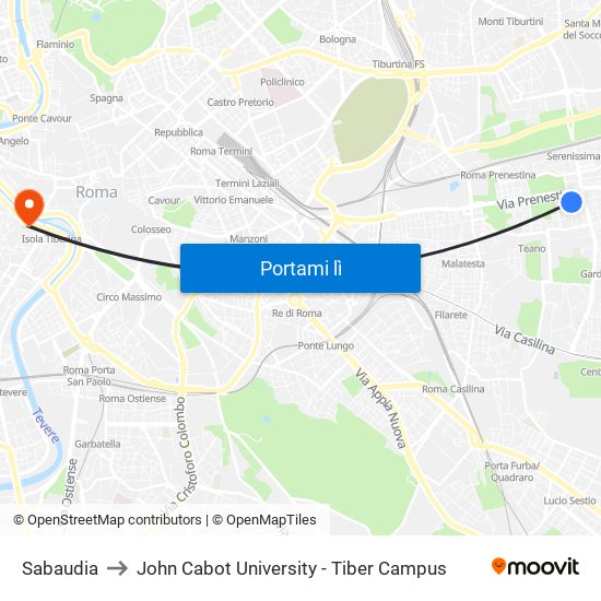 Sabaudia to John Cabot University - Tiber Campus map