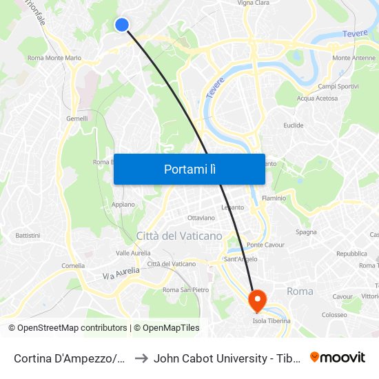 Cortina D'Ampezzo/Cavalese to John Cabot University - Tiber Campus map