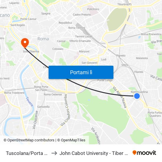 Tuscolana/Porta Furba to John Cabot University - Tiber Campus map