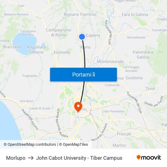 Morlupo to John Cabot University - Tiber Campus map