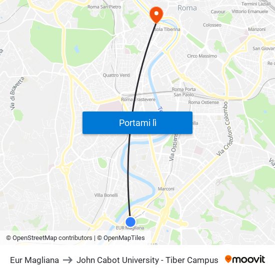 Eur Magliana to John Cabot University - Tiber Campus map