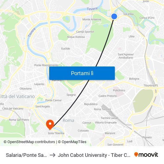 Salaria/Ponte Salario to John Cabot University - Tiber Campus map