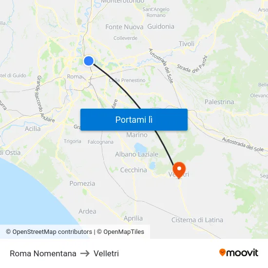 Roma Nomentana to Velletri map